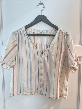Madewell Cream Button-Front Cropped Top with Multicolor Pastel Stripes size L